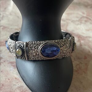 EUC~Vintage Mid Evil Style Silver Plated Blue & Yellow Stretch Bracelet